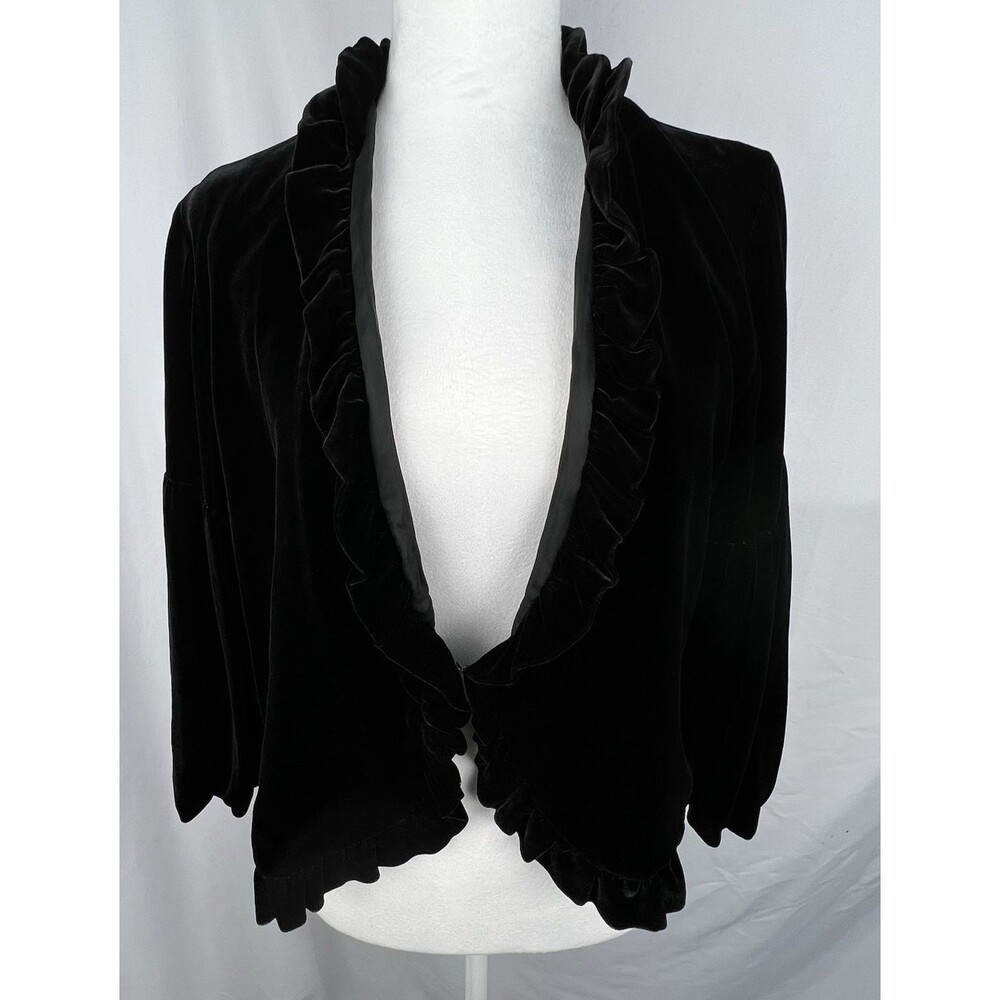 VTG Karen Kane Womens M‎ Black Velvet Cropped Jacket Ruffle Trim Balloon Sleeves